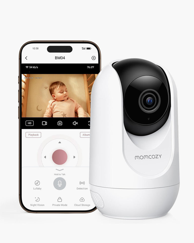Translation missing: en.Momcozy BM04 baby monitor camera displaying a sleeping baby on a smartphone screen